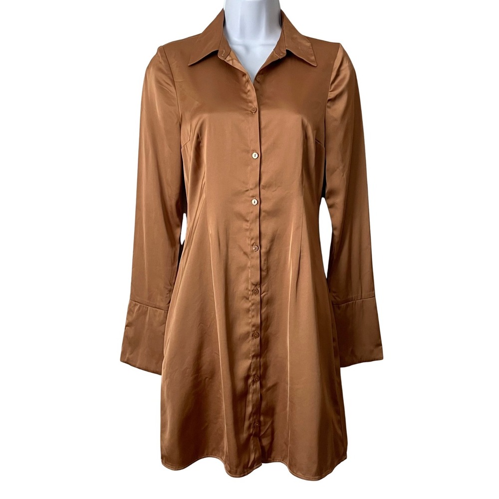 Abercrombie & Fitch Shirt Dress Women XS Tall Satin Long Sleeve Button Down Mini